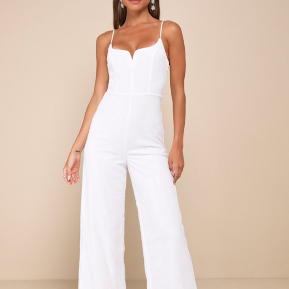 Lulus Cheers To Chic Ivory Mesh Sequin Sleeveless Wide-leg Jumpsuit White